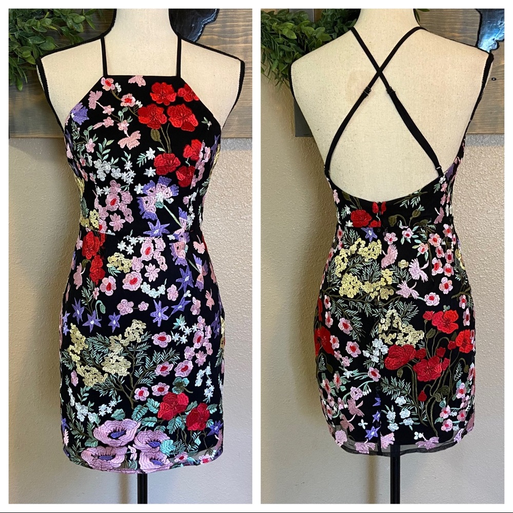 SOLD ❤️🔥 Lulus Black Multi Floral Embroidered Bodycon Halter Mini Dress - Picture 1 of 14